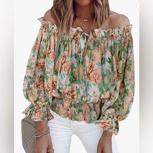Women's Fall Top -Off The Shoulder - Floral Print Ruffle Sleeve - Size L
